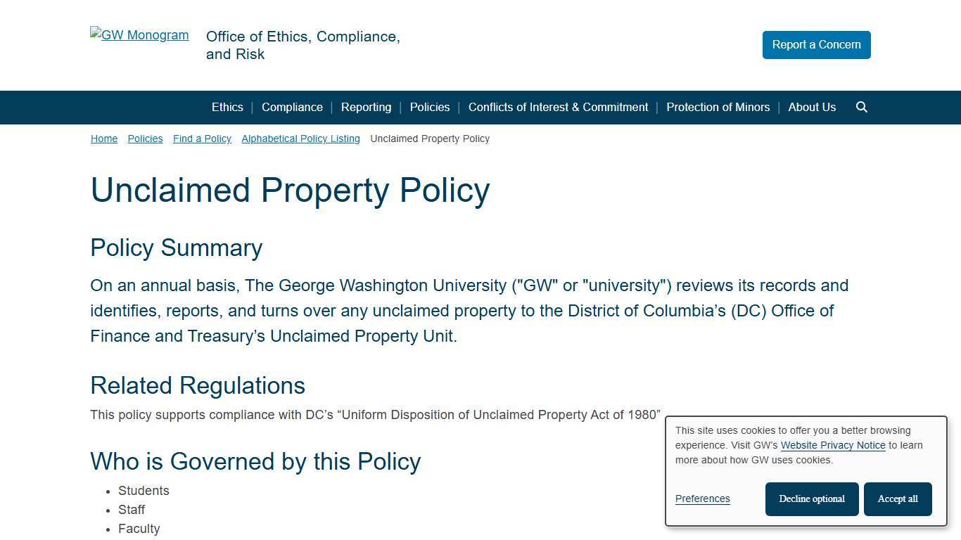 Unclaimed Property Policy | Office of Ethics, Compliance, and Risk | The George Washington University
