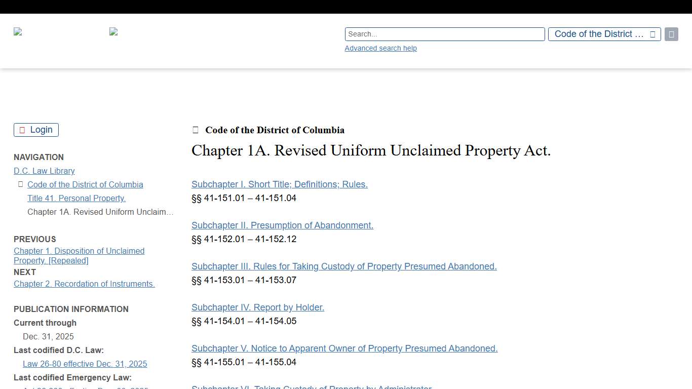 Chapter 1A. Revised Uniform Unclaimed Property Act. | D.C. Law Library